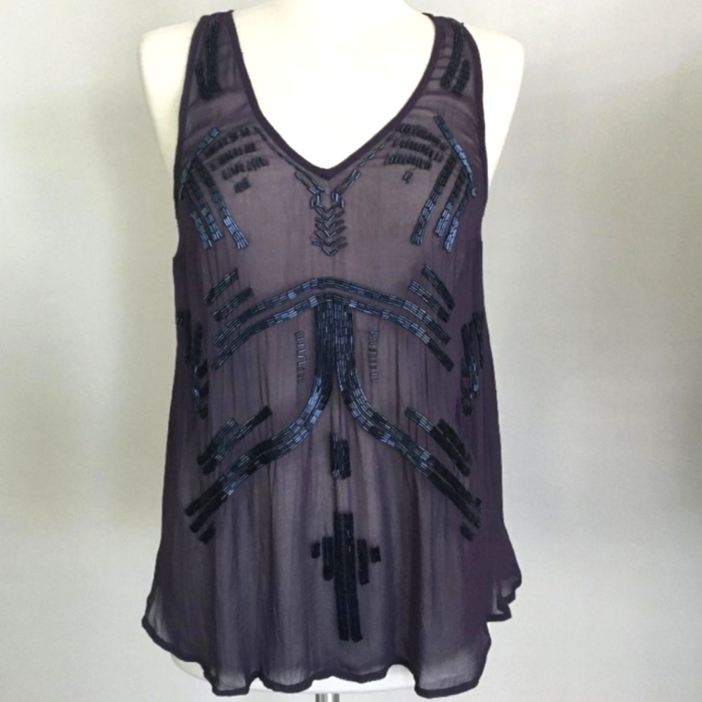 Free People NWOT Sheer Beaded Racerback Sleeveless Blouse in Navy​​​​